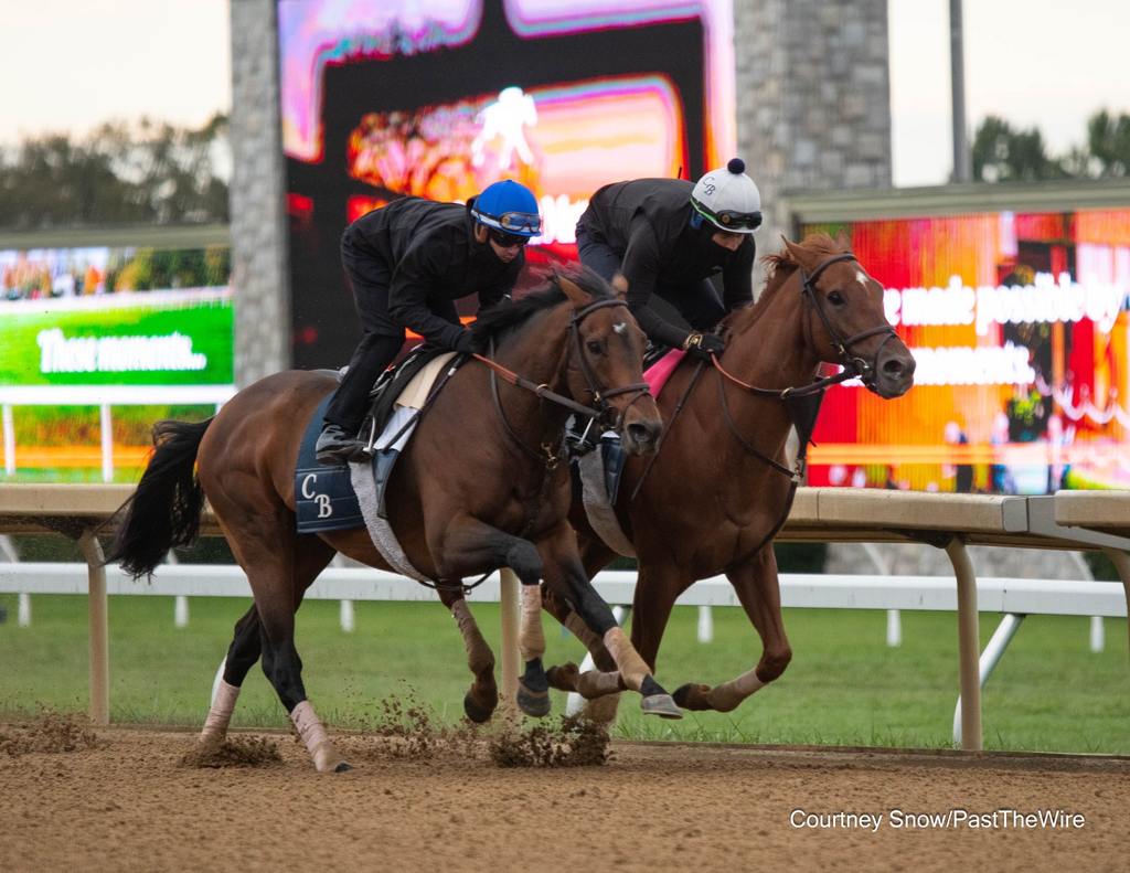 Program Trading (GB) and jockey Flavien Prat working in company with Favorable Scenario on Saturday at Keeneland in preparation for the Breeders’ Cup Mile. (Courtney Snow/Past The Wire)