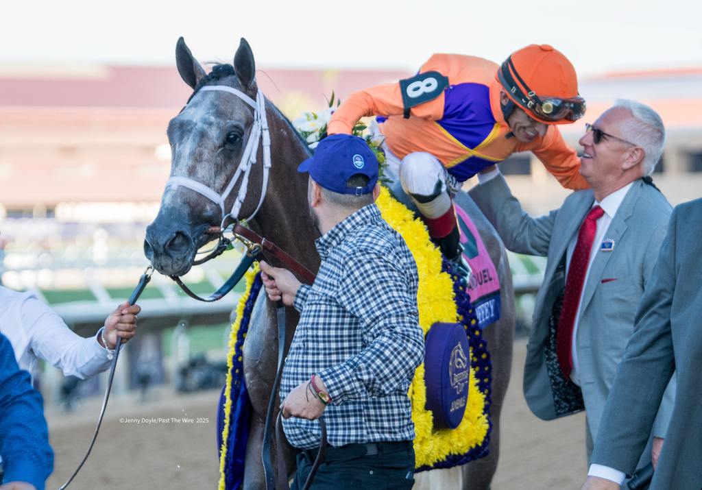 Todd Pletcher and John Velazquez celebrate the victory. (Jenny Doyle/Past The Wire)