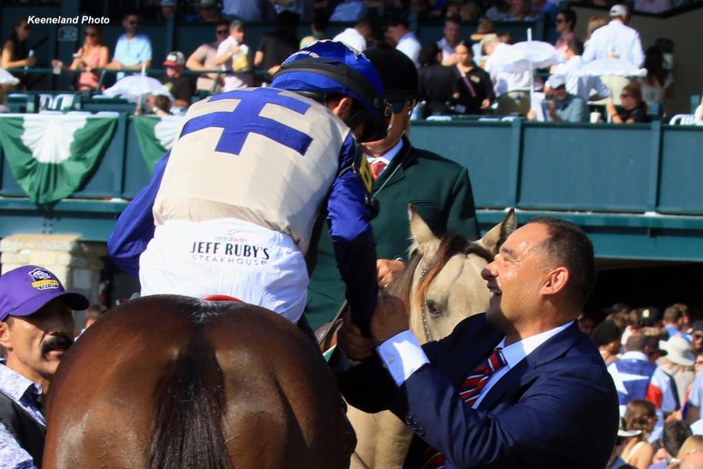 Trainer Robbie Medina and jockey John Velazquez after Praying's victory in Keeneland's G2 TCA Stakes to earn a fees-paid spot in the Breeders' Cup F&M Sprint. (Keeneland Photo)