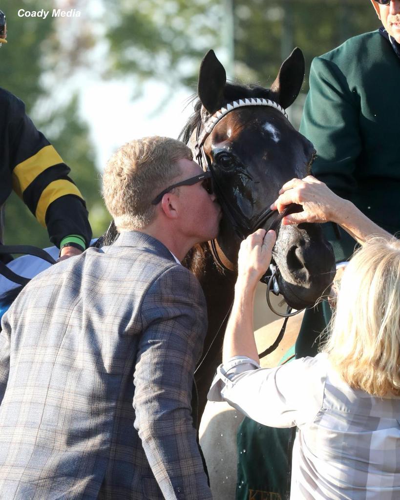 Trainer Will Walden showed his appreciation after Rhetorical won the $1 million Coolmore Turf Mile. (Coady Media)