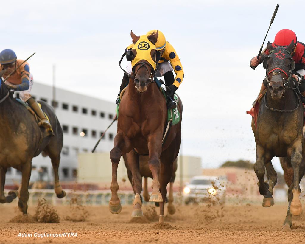 Two New York-bred warriors Bank Frenzy (yellow cap) and Doc Sullivan clashed in the Empire Classic. (Adam Coglianese/NYRA)