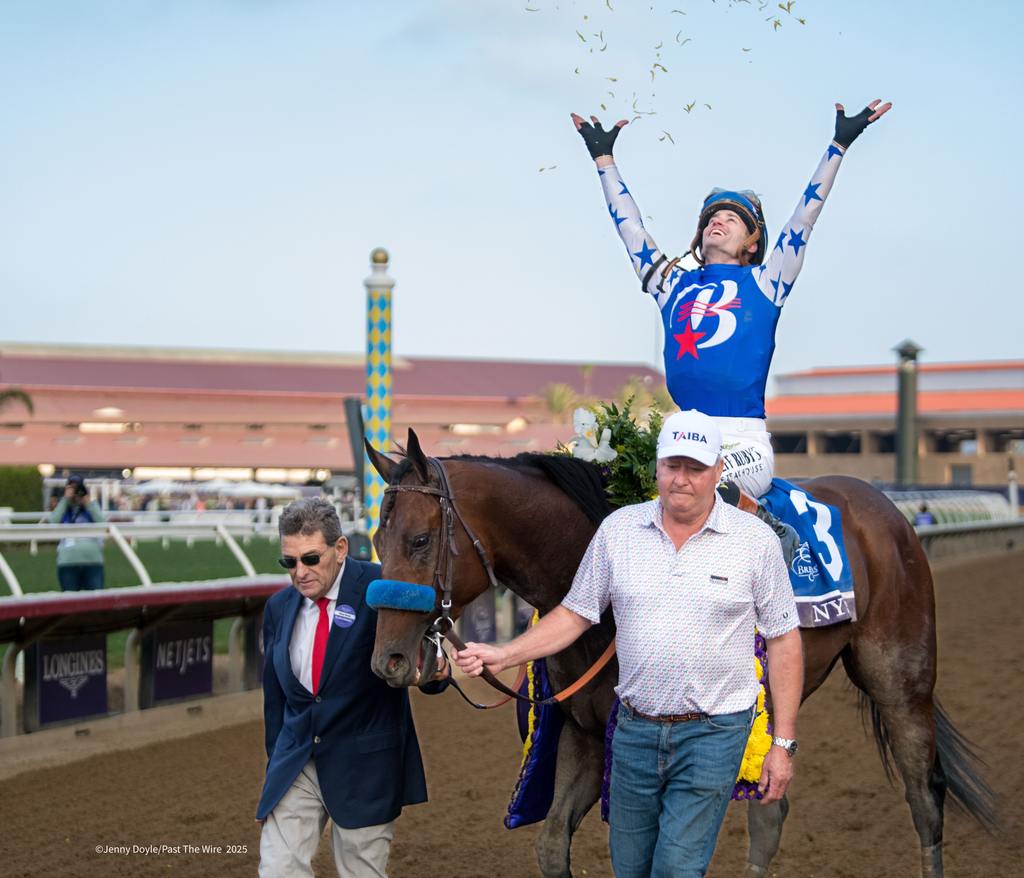 Flavien Prat giving some flower power for the results. (Jenny Doyle/Past The Wire)