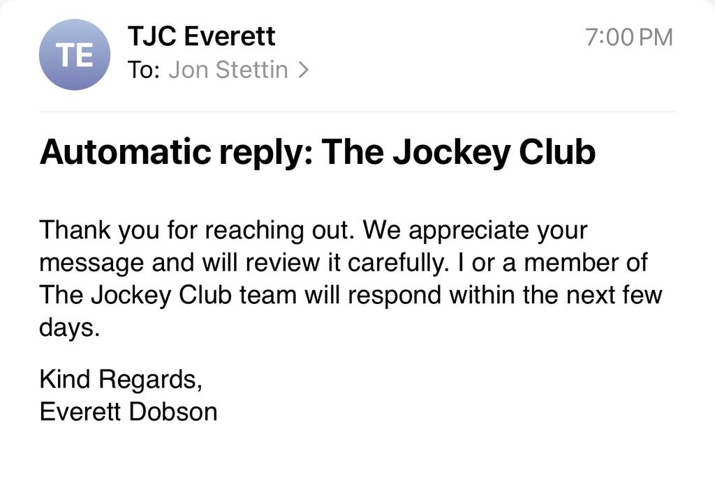 "Jockey Club Everett Dobson automated reply"